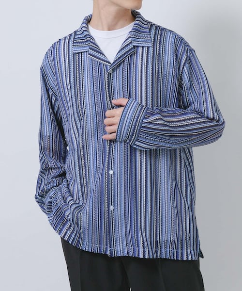 ITEMS URBANRESEARCH(アイテムズ アーバンリサーチ)の「マルチストライプレースオープンカラーシャツ(シャツ/ブラウス・メンズ・BLU/BLK/GRN・M/L)」の3枚目の写真