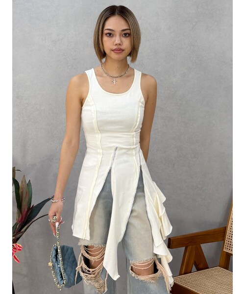 EVRIS（エヴリス）の「アシンメトリージップタンクワンピース（ワンピース・レディース・ホワイト/ブラック/カーキ・F）」の3枚目の写真