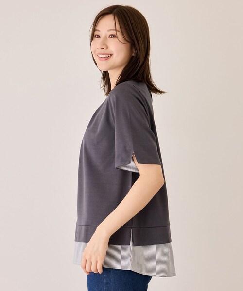Jayro(ジャイロ)の「配色ストライプ半袖カットソー(Tシャツ/カットソー・レディース・チャコール/ベージュ系/ネイビー/ブルー系・M)」の7枚目の写真