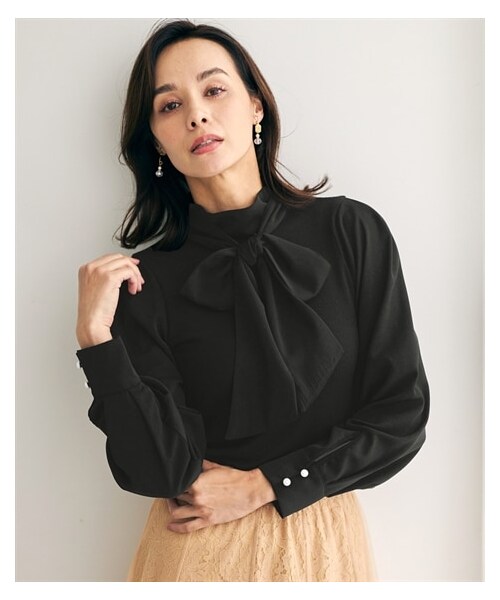nissen（ニッセン）の「リボン付異素材使いボリューム袖ニットトップス【Hana服】（ニット/セーター・レディース・オフホワイト/黒・M/L/LL/3L）」の10枚目の写真