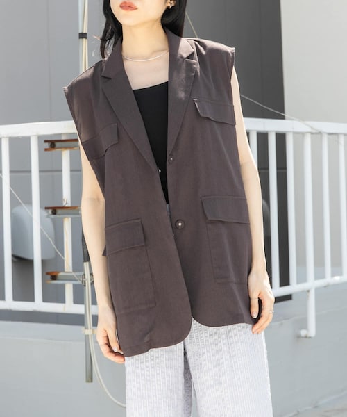 KBF（ケイビーエフ）の「ミリタリーシアーベスト（テーラードジャケット・レディース・D.BROWN/L.BEIGE/BISCUIT・one）」の5枚目の写真