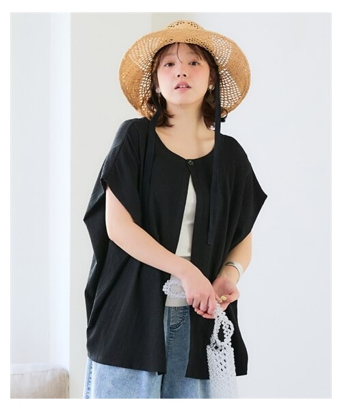 nissen（ニッセン）の「＜大きいサイズ＞涼しいサラサラカットソー楊柳２WAYトップス（Tシャツ/カットソー・レディース・黒/茶系ギンガム・L/LL/3L/4L/5L/6L/8L/10L）」の3枚目の写真