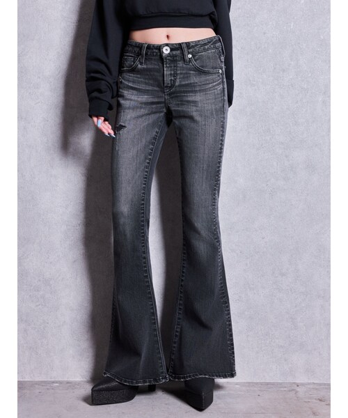 GYDA(ジェイダ)の「ジャストウエストSLIM FITフレアデニムパンツ(デニムパンツ・レディース・ブラック/ブルー/インディゴ・XS/S/M)」の2枚目の写真