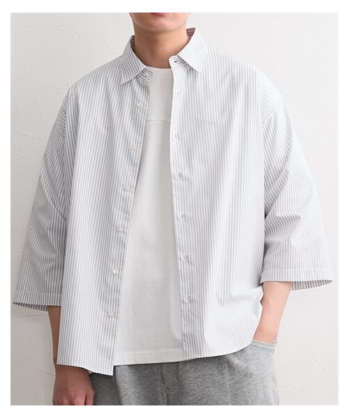 nissen（ニッセン）の「形態安定オーバーサイズ七分袖レギュラーカラーストライプシャツ（シャツ/ブラウス・メンズ・ブルー系/グレージュ系・M/L/LL/3L/4L/5L/6L/8L/10L）」の7枚目の写真