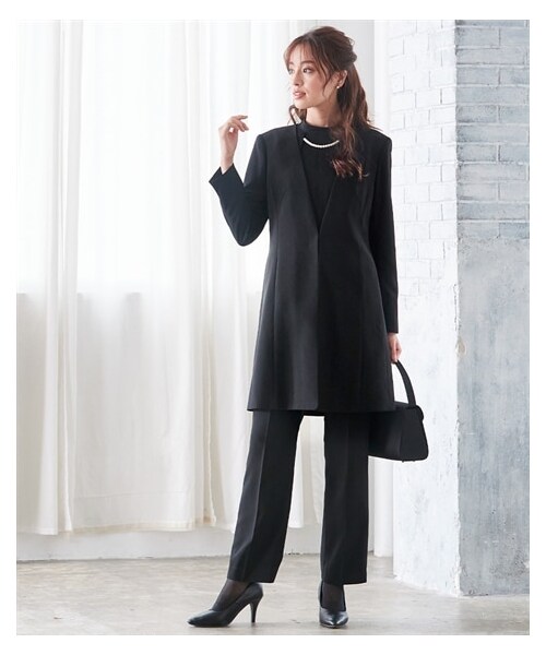 【喪服・礼服】洗える防しわフォーマル3点セット（ロング丈ノーカラージャケット＋ブラウス＋ストレートパンツ）＜大きいサイズ有＞