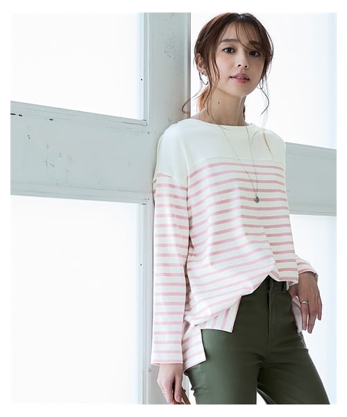 nissen（ニッセン）の「綿１００％スムースパネル風ボーダーカットソートップス＜大きいサイズ有＞（Tシャツ/カットソー・レディース・オフホワイト×ペールブルー/オフホワイト×ベージュ/ライトグレー×オフホワイト/オフホワイト×ネイビー/ネイビー×モカ/オフホワイト×ミルキーピンク/オフホワイト×ミルキーグリーン/マスタード×オフホワイト・S/M/L/LL/3L/4L/5L/6L/8L/10L）」の8枚目の写真