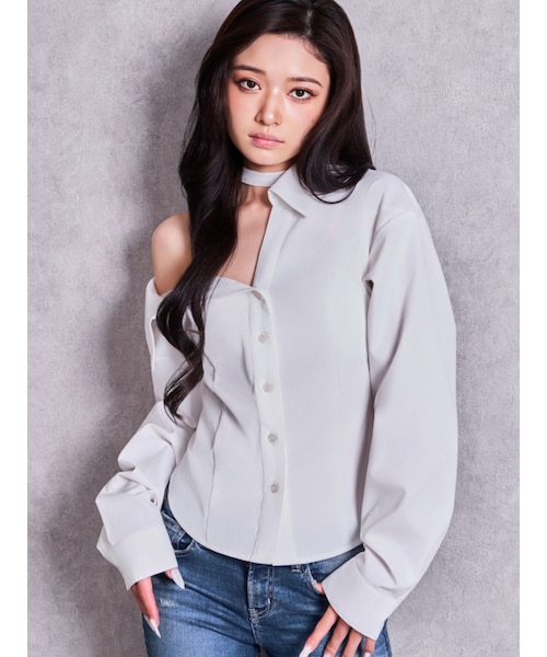 GYDA（ジェイダ）の「asymmetry chokerシャツ（シャツ/ブラウス・レディース・オフホワイト/ミックス・F）」の3枚目の写真