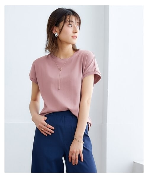 nissen（ニッセン）の「ＵＶカット綿１００％フライス素材フレンチスリーブＴシャツ（Tシャツ/カットソー・レディース・オフホワイト/黒/ダスティ―ピンク/ブルー/ディープグリーン/ブラッドオレンジ/トープ/グレージュ/ローズ/ラベンダー/不要品番/シュガーピンク・S/M/L/LL/3L）」の8枚目の写真