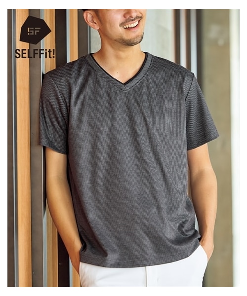 nissen（ニッセン）の「ストライプ重ね着風VネックTシャツ【３L以上お腹ゆったり】（Tシャツ/カットソー・メンズ・グレー系/黒系・M/L/LL/3L/4L/5L/6L/8L/10L）」の2枚目の写真