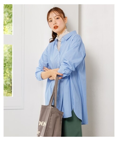 nissen（ニッセン）の「大きいサイズゆるシルエットストライプシャツ（シャツ/ブラウス・レディース・ピンク系/グレイッシュブルー系/サックス系/オフホワイト系/黒系・L~LL相当/3L~4L相当/5L~6L相当/8L相当/10L相当）」の18枚目の写真