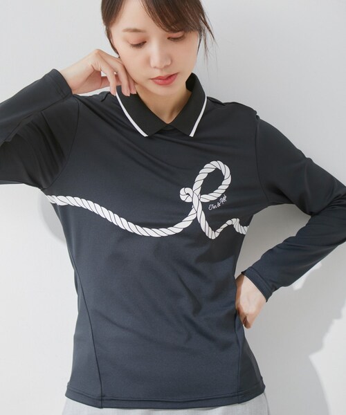 ROPE'（ロペ）の「【ECO】【UV】【防透】Rロープ柄衿付長袖プルオーバー　（Tシャツ/カットソー・レディース・ブラック/ホワイト/ネイビー・L/M/S）」の4枚目の写真