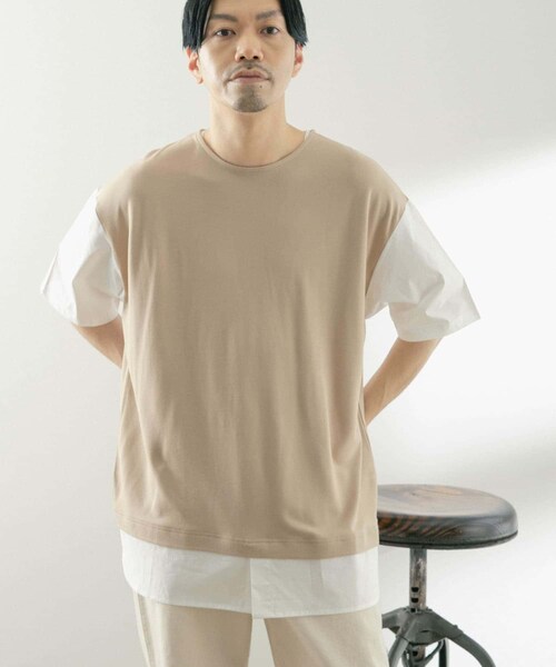 ITEMS URBANRESEARCH(アイテムズ アーバンリサーチ)の「布帛切替レイヤードクルーネックトップス(Tシャツ/カットソー・メンズ・BLK/BEG/MTD/GRY・M/L)」の3枚目の写真