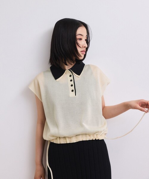 ADAM ET ROPE'(アダムエロペ)の「【WEB限定】ダブルカラーポロニットプルオーバー(ポロシャツ・レディース・ブラック/キナリ系/サックス・F)」の15枚目の写真