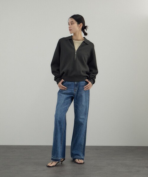 ADAM ET ROPE'（アダムエロペ）の「クレープスウェットライクポロプルオーバー（スウェット・レディース・チャコール/オフホワイト/グリーン系・F）」の7枚目の写真