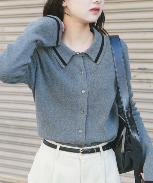 ITEMS URBANRESEARCH（アイテムズ アーバンリサーチ）の「配色ポロニット（ニット/セーター・レディース・GRY/NVY/MELON・Free）」の7枚目の写真