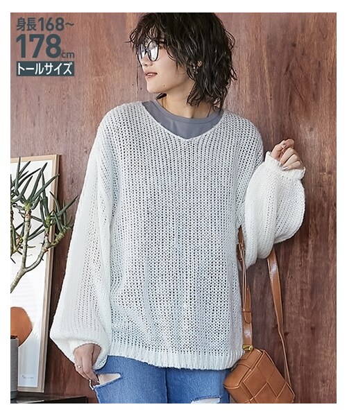 nissen（ニッセン）の「高身長　起毛糸透かし編ニットプルオーバー（トールサイズ）couler（ニット/セーター・レディース・ブルー/オフホワイト・MTT・LTT/LLTT・3LTT）」の2枚目の写真