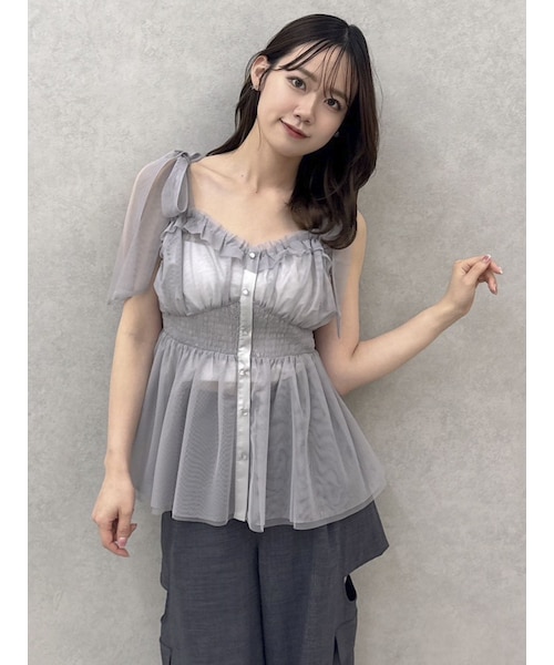 dazzlin（ダズリン）の「ショルダーリボンチュールペプラムビスチェ（キャミソール・レディース・アイボリー/グレー/レッド/グリーン/ネイビー・F）」の4枚目の写真