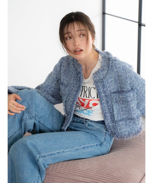 Ungrid（アングリッド）の「ショートツイードジャケット（ノーカラージャケット・レディース・ブラック/ブルー/ベージュ・F）」の5枚目の写真