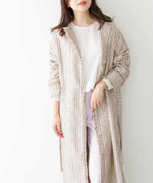 ITEMS URBANRESEARCH（アイテムズ アーバンリサーチ）の「KBF+　ラスティックフリンジコート∴（ノーカラージャケット・レディース・BEG STRIPE/NATURAL/L.BROWN・one）」の4枚目の写真