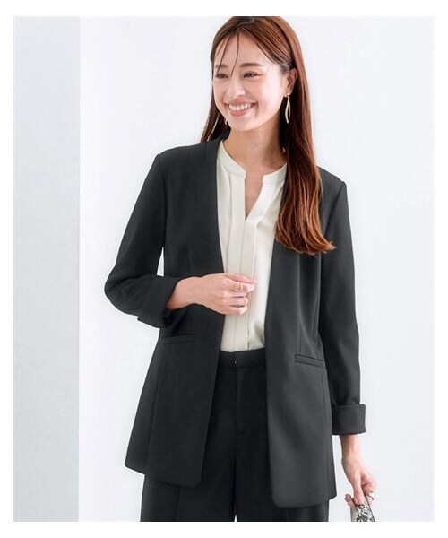 nissen（ニッセン）の「【レディーススーツ】セットアップ対応ロング丈ノーカラージャケット（上下別売・カノコジャージーシリーズ）（フォーマルスーツ/小物・レディース・ネイビー/黒/グレー系・S/M/L/LL/3L/4L/5L/6L/8L）」の5枚目の写真