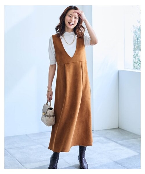 nissen（ニッセン）の「Vネックジャンパースカート【OtonaSMILE】（ワンピース・レディース・グレー/キャメル・M/L/LL/3L/4L/5L/6L）」の9枚目の写真