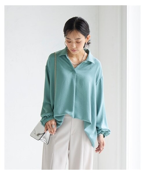 nissen（ニッセン）の「大きいサイズヒンヤリ・シワになりにくい伸びるスキッパ―ゆるシャツ（接触冷感・UVカット）（シャツ/ブラウス・レディース・アプリコットオレンジ/オフホワイト/アクアブルー/ネイビー・L~LL相当/3L~4L相当/5L~6L相当/8L相当/10L相当）」の8枚目の写真