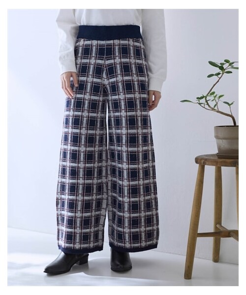 nissen（ニッセン）の「チェック柄ニットワイドパンツ【Otona Purete】（パンツ・レディース・ネイビー系・M/L/LL/3L/4L/5L/6L）」の2枚目の写真