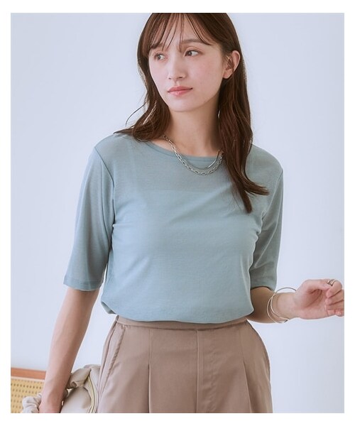 nissen（ニッセン）の「【Be praised】スラブシアー5分袖Tシャツ（Tシャツ/カットソー・レディース・オフホワイト/ライトベージュ/モカ/ダスティブルー/黒・S/M/L/LL/3L/4L/5L/6L/8L/10L）」の10枚目の写真