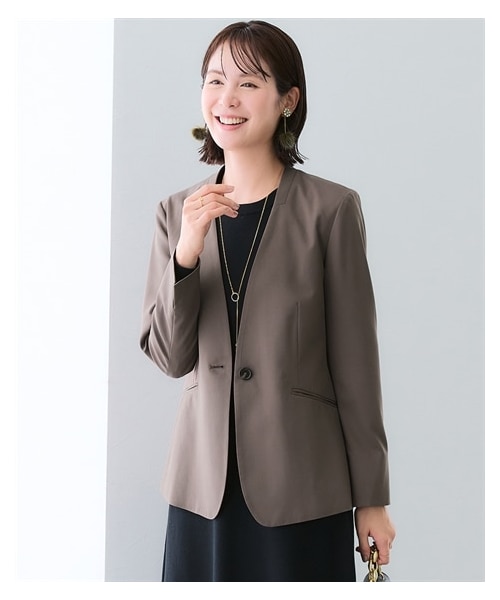 nissen（ニッセン）の「洗えるストレッチダブルクロスノーカラージャケット（ストレッチ・しわになりにくい・ＵＶカット・洗濯機OK）（選べる２レングス）<大きいサイズ有>（ジャケット/アウター・レディース・モカ/ライトグレー/黒/ネイビー/ブラウン・S/M/L/LL/3L/4L/5L/6L）」の4枚目の写真