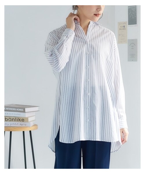 nissen（ニッセン）の「大きいサイズ ゆるシルエットストライプシャツ（シャツ/ブラウス・レディース・ミントグリーン系/ピンク系/ベージュ系/ネイビー系/オフホワイト系・L~LL相当/3L~4L相当/5L~6L相当/8L相当/10L相当）」の8枚目の写真