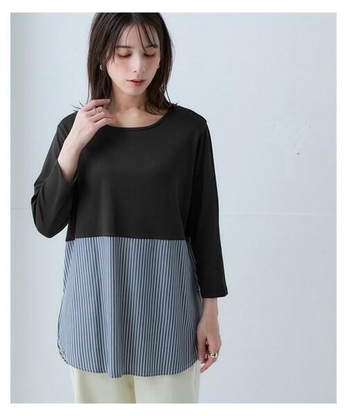 nissen（ニッセン）の「あったか裏起毛シャツ切替重ね着用インナートップス＜大きいサイズ有＞（Tシャツ/カットソー・レディース・オフホワイト/黒×ネイビー系・S/M/L/LL/3L/4L/5L/6L/8L/10L）」の13枚目の写真