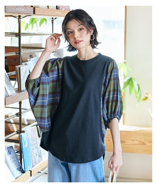 nissen（ニッセン）の「＜大きいサイズ＞チェック柄切替ゆったりドルマンスリーブトップス（Tシャツ/カットソー・レディース・チャコール/ネイビー/ベージュ・L/LL/3L/4L/5L/6L/8L/10L）」の20枚目の写真