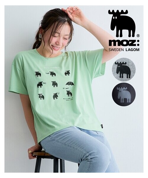 nissen（ニッセン）の「moz(モズ)なかよしエルクプリントゆるＴシャツ＜大きいサイズ有＞（Tシャツ/カットソー・レディース・杢グレー/チャコール/ペールグリーン・S/M/L/LL/3L/4L/5L）」の2枚目の写真