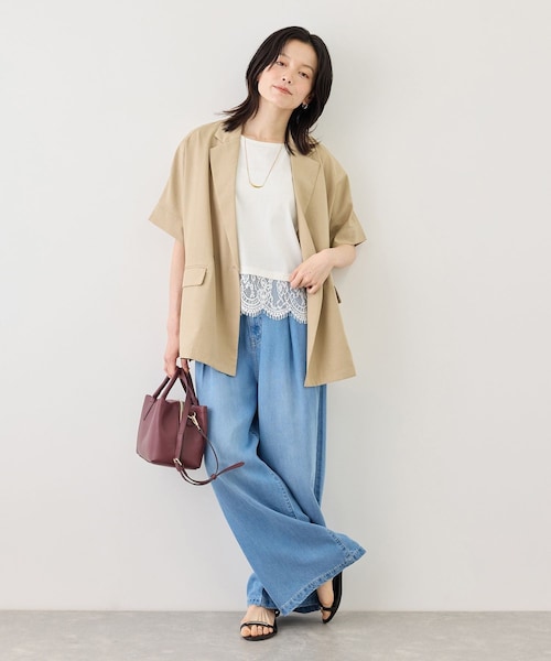 ROPE' PICNIC(ロペピクニック)の「レースドッキングフレンチスリーブトップス/UVカット・接触冷感・汗染み防止(Tシャツ/カットソー・レディース・ブラック/ホワイト/サックス/クリーム・F)」の13枚目の写真