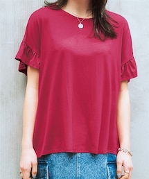 nissen | ＜大きいサイズ＞ とろみ素材ゆるシルエット袖フリルカットソープルオーバー（接触冷感・ＵＶカット）(Tシャツ/カットソー)