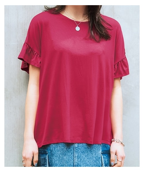 nissen（ニッセン）の「＜大きいサイズ＞ とろみ素材ゆるシルエット袖フリルカットソープルオーバー（接触冷感・ＵＶカット）（Tシャツ/カットソー・レディース・ダークベージュ/ラズベリー/ロイヤルブルー/黒・L/LL/3L/4L/5L/6L/8L/10L）」の8枚目の写真