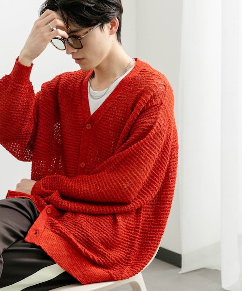 SENSE OF PLACE by URBAN RESEARCH（センスオブプレイスバイアーバンリサーチ）の「『ユニセックス』『洗濯可』シアーVネックカーディガン（カーディガン/ボレロ・メンズ・RED/BLACK/MINT・M/L）」の3枚目の写真