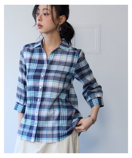 nissen（ニッセン）の「＜大きいサイズ＞シワ加工７分袖お気軽レギュラーシャツ（シャツ/ブラウス・レディース・アイボリーチェック/エメラルドブルーチェック/赤系チェック/千鳥格子/イエローチェック・L/LL/3L/4L/5L/6L/8L/10L）」の8枚目の写真