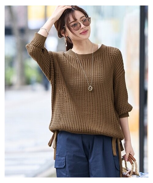 nissen（ニッセン）の「＜大きいサイズ＞ゆるシルエット透かし編ニットプルオーバー（ニット/セーター・レディース・クリームブラウン/黒・L~LL/3L~4L/5L~6L/8L/10L）」の4枚目の写真