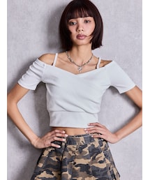 GYDA | ラメテレコハーフスリーブカシュクールオフショルショートTOPS(Tシャツ/カットソー)