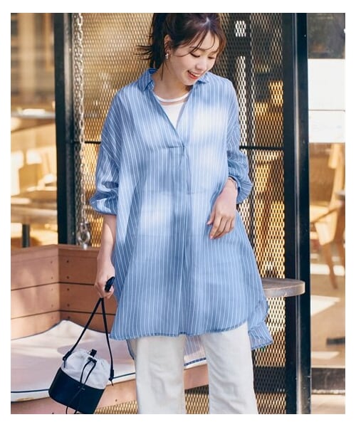 nissen（ニッセン）の「シアースキッパーシャツチュニック（チュニック・レディース・ブルー系ストライプ/ブラウン系ストライプ/チャコールグレー・S/M/L/LL）」の11枚目の写真