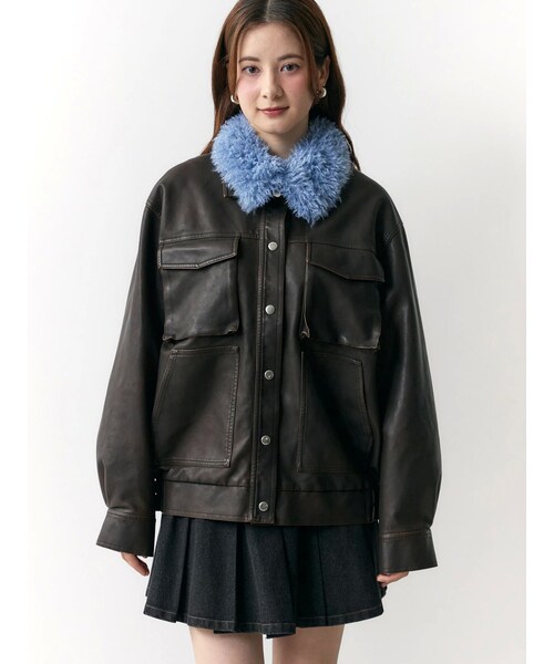 CALNAMUR（カルナムール）の「ファーカラーフェイクレザーモンスターブルゾン（ブルゾン・レディース・ブラック/ブラウン/ベージュ・F）」の10枚目の写真
