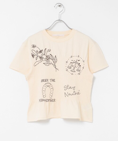 KBF（ケイビーエフ）の「シャーリングデザインプリントTEE（Tシャツ/カットソー・レディース・IVORY/BROWN/BLUE・One）」の12枚目の写真