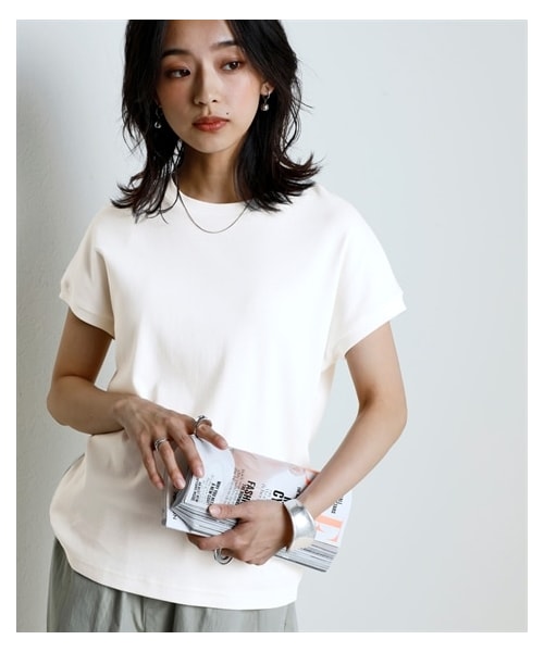 nissen（ニッセン）の「ＵＶカット綿１００％フライス素材フレンチスリーブＴシャツ（Tシャツ/カットソー・レディース・オフホワイト/黒/ダスティ―ピンク/ブルー/ディープグリーン/ブラッドオレンジ/トープ/グレージュ/ローズ/ラベンダー/不要品番/シュガーピンク・S/M/L/LL/3L）」の14枚目の写真