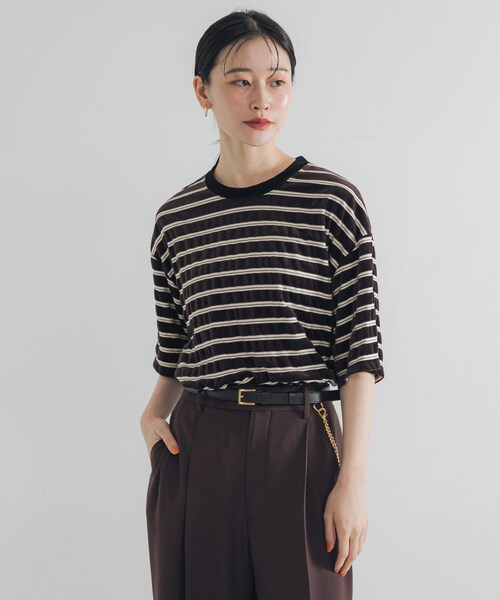 URBAN RESEARCH（アーバンリサーチ）の「ベロアボーダーカットソー（Tシャツ/カットソー・レディース・BEIGE/DARK BROWN・FREE）」の3枚目の写真