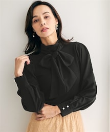 nissen | リボン付異素材使いボリューム袖ニットトップス【Hana服】(ニット/セーター)