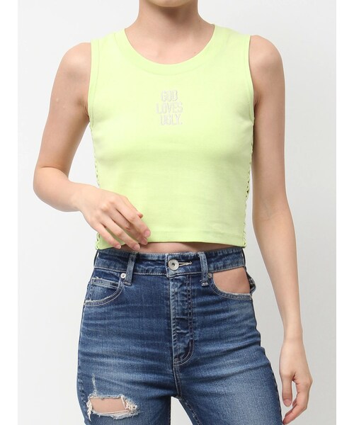 GYDA（ジェイダ）の「GOD LOVES UGLYサイドレースタンクトップ（タンクトップ・レディース・オフホワイト/ブラック/ライム・F）」の3枚目の写真