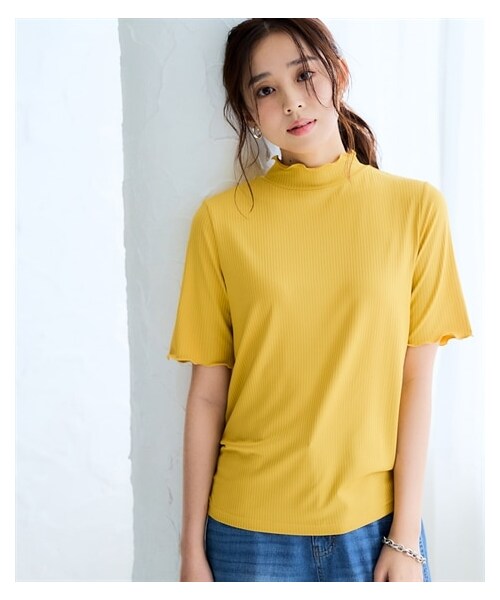 nissen（ニッセン）の「細リブハイネック5分袖カットソープルオーバー＜大きいサイズ有＞（Tシャツ/カットソー・レディース・黒/コーラルピンク/オフホワイト/エクリュ/オフホワイト×黒ボーダー/オフホワイト×黒系ボーダー/ネイビー×オフホワイト系ボーダー/スモーキーサックス/ライトグレー/チャコールブラウン/ハニーイエロー・S/M/L/LL/3L/4L/5L/6L/8L/10L）」の12枚目の写真
