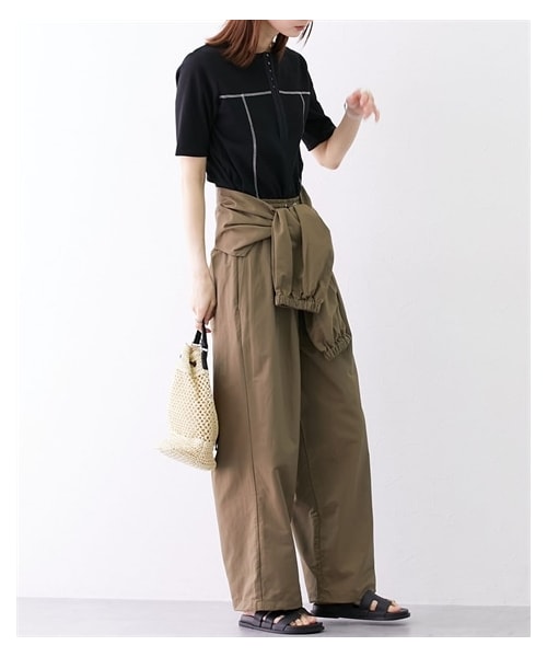 nissen（ニッセン）の「２点セット（ヘンリーネックリブトップス＋ツイル腰巻きパンツ）（Tシャツ/カットソー・レディース・アイボリー+ブラック/ブラック+ブラウン/アイボリー+アイボリー・F）」の3枚目の写真