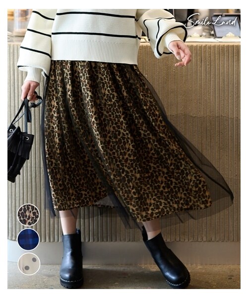 nissen（ニッセン）の「大きいサイズ プリントチュールスカート（ゆったりヒップ）（スカート・レディース・レオパード柄/ブルー系チェック柄/ベージュ系ドット柄・L/LL/3L/4L/5L/6L/8L/10L）」の2枚目の写真